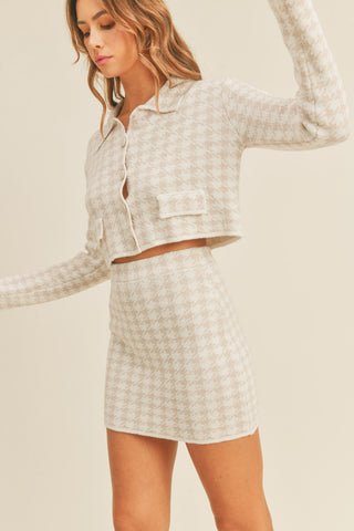 MABLE Houndstooth Cropped Knit Cardigan and Mini Skirt Set MABLE Houndstooth Cropped Knit Cardigan and Mini Skirt Set