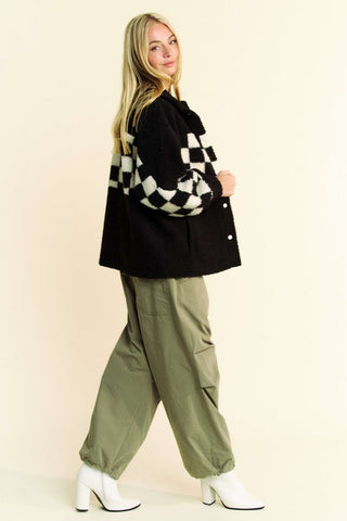 Davi & Dani Full Size Checkered Snap Down Faux Fur Jacket Davi & Dani Full Size Checkered Snap Down Faux Fur Jacket