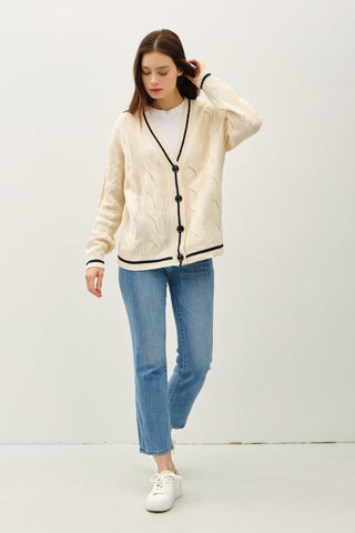 Be Cool Contrast Trim Cable-Knit V-Neck Cardigan Be Cool Contrast Trim Cable-Knit V-Neck Cardigan