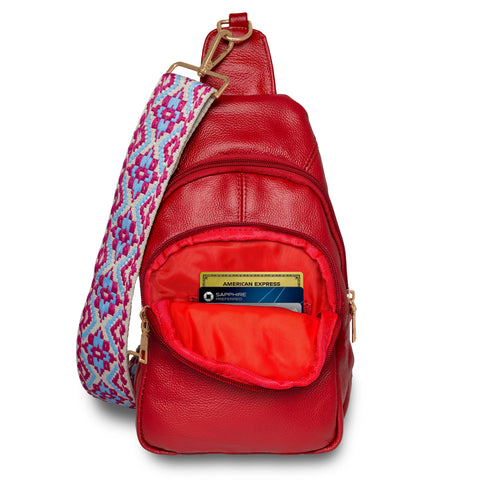 Real Leather Printed Strap Shoulder Sling Bag Real Leather Printed Strap Shoulder Sling Bag