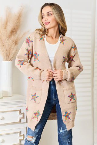 Angel Wings Star Pattern Open Front Longline Cardigan Angel Wings Star Pattern Open Front Longline Cardigan