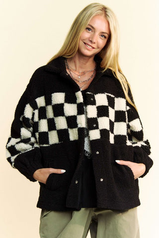 Davi & Dani Full Size Checkered Snap Down Faux Fur Jacket Davi & Dani Full Size Checkered Snap Down Faux Fur Jacket