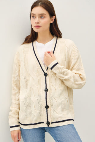 Be Cool Contrast Trim Cable-Knit V-Neck Cardigan Be Cool Contrast Trim Cable-Knit V-Neck Cardigan