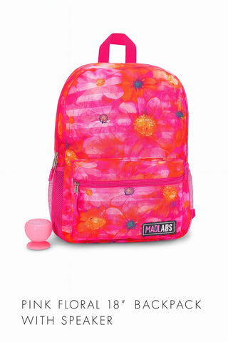 Pink Floral 18” Backpack with Built-In Bluetooth Speaker – Stylish & Tech-Savvy School Bag for Girls