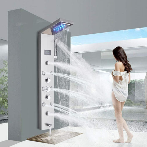 Contemporary Shower Panel Tower System Stainless Steel 6 Function Faucet LED Waterfall Shower Handheld Sprayer wtih Body Jets and Tub Spout