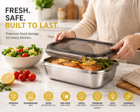 Premium Stainless Steel Food Storage Container with Leak-Proof Locking Lid, BPA-Free, Freezer Safe