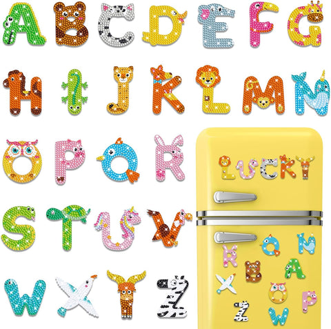 26 Pcs Diamond Art Painting Magnets Cartoon Animal Letters for Fridge Magnetic Diamond Art Painting Kit Fridge Sticker Magnet Craft