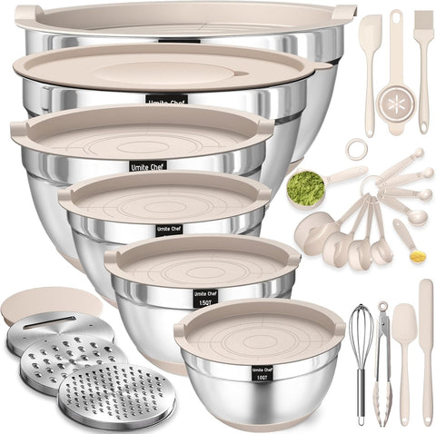 26-Piece Stainless Steel Mixing Bowl Set with Airtight Lids, Grater Attachments, and Non-Slip Bottoms – Sizes 7, 4, 2.5, 2.0, 1.5, 1 QT – Perfect for Mixing and Serving