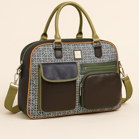 Structured Multi-Pocket Olive Accent Handbag