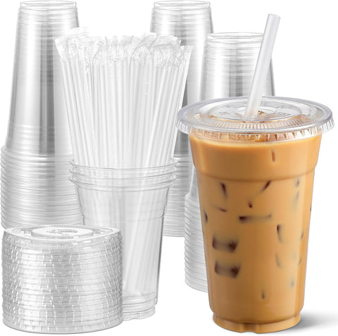 100 Pack, 16 Oz Plastic Cups With Lids and Straws, Iced Coffee Cups With Lids Disposable Clear Cups With Lids - for Iced Coffee, Smoothie, Milkshake and Cold Drinks