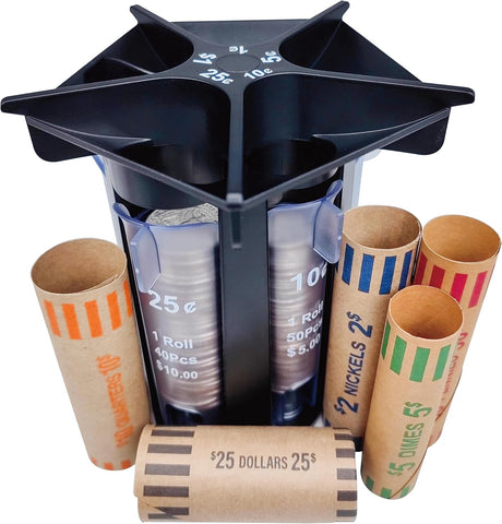 Coin Sorter Tube Coin Counter with Coin Wrappers, 5-in-1 Change Sorter Change Counter Machine, Coin Organizer