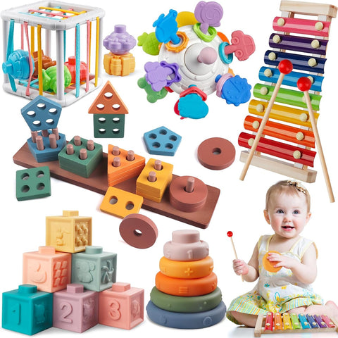 6-in-1 Montessori Toy Set for Babies and Toddlers – Sensory, Teething, Stacking, Shape Sorter & Xylophone for Ages 6–36 Months