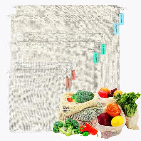 Reusable Cotton Mesh Produce Bags – 6 Pack (2S/2M/2L) Washable Grocery Bags, See-Through Drawstring Net Bags for Fruits, Vegetables & Bulk Shopping