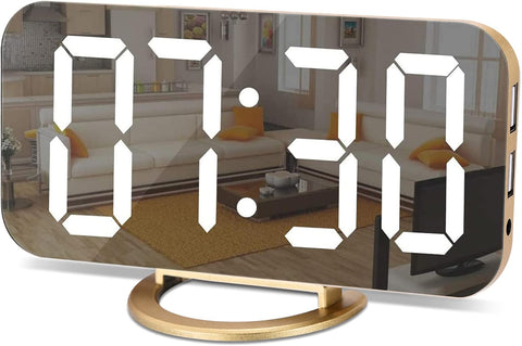 Digital Alarm Clock LED and Mirror Desk Clock Large Display, with Dual USB Charger Ports 12/24H Electronic Clock Gold