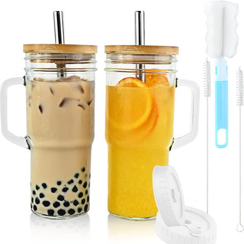Set of 2 Glass Cups with Bamboo Lids and Straws 24oz Tumbler With Handle
