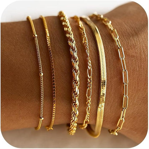 14K Gold Bracelets for Women – Waterproof Dainty Stackable Bracelet Set, Thin Paperclip & Cuban Link Chains, Trendy Gold Plated Jewelry Gifts