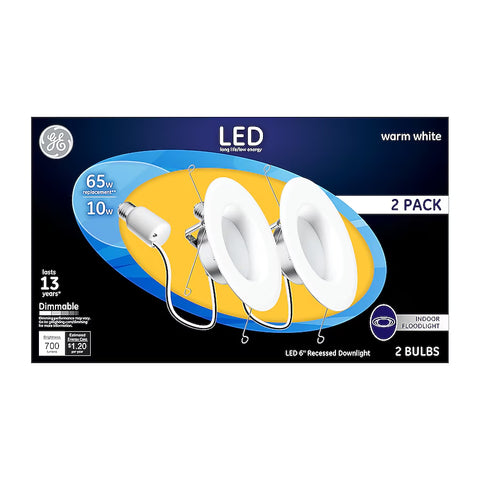 GE White 6 inch 700-Lumen Warm White Round Dimmable LED Recessed Downlight (2-Pack)