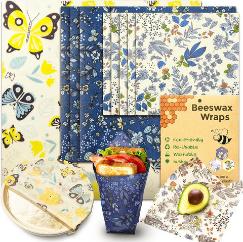 Reusable Beeswax Wraps – 9 Pack Organic Cotton Food Covers for Sandwiches, Cheese &amp; Produce