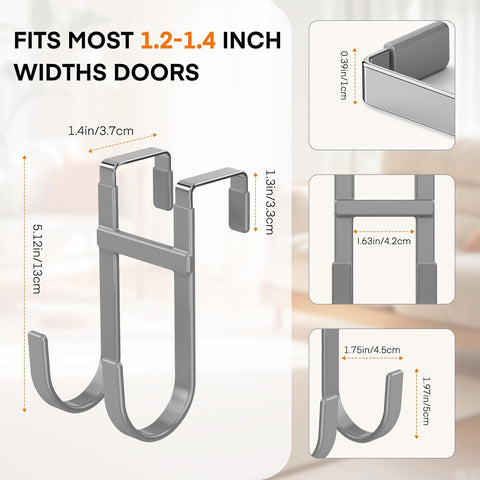 Over The Door Hooks - 2 Pack Heavy Duty Dual-Hook Organizer Hanger with Non-Slip Rubber for Towels, Clothes, Hats & Bags Use in Bathroom, Bedroom, Kitchen - Fits Interior Doors Up to 1 3/8" Grey