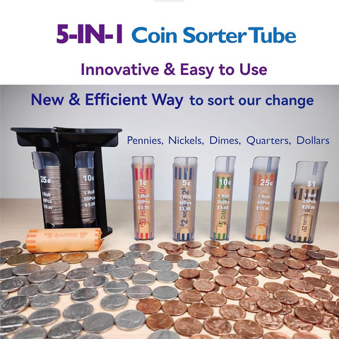 Coin Sorter Tube Coin Counter with Coin Wrappers, 5-in-1 Change Sorter Change Counter Machine, Coin Organizer