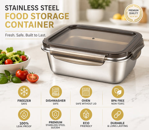 Premium Stainless Steel Food Storage Container with Leak-Proof Locking Lid, BPA-Free, Freezer Safe