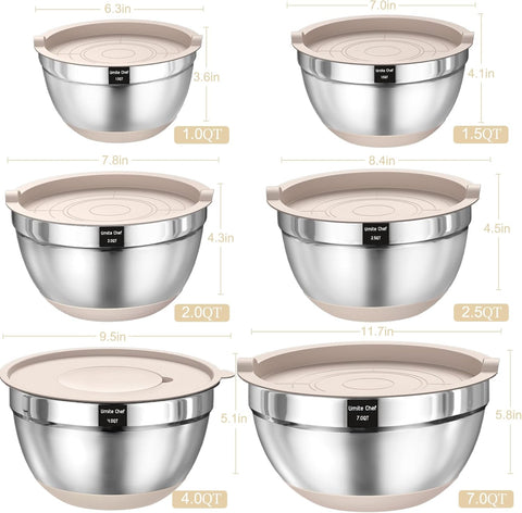 26-Piece Stainless Steel Mixing Bowl Set with Airtight Lids, Grater Attachments, and Non-Slip Bottoms – Sizes 7, 4, 2.5, 2.0, 1.5, 1 QT – Perfect for Mixing and Serving