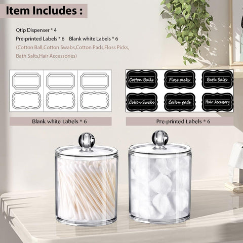 4 Pack Plastic Acrylic Bathroom Vanity Countertop Canister Jars with Storage Lid, Apothecary Jars Qtip Holder Makeup Organizer for Cotton Balls,Swabs,Pads,Bath Salts