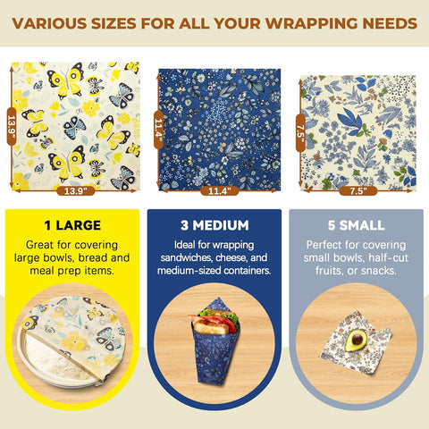 Reusable Beeswax Wraps – 9 Pack Organic Cotton Food Covers for Sandwiches, Cheese &amp; Produce
