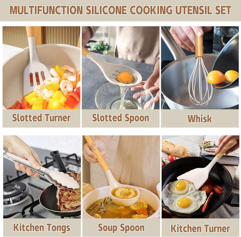 33 pcs Non-Stick Silicone Cooking Kitchen Utensils Spatula Set with Holder, Wooden Handle Silicone Kitchen Gadgets Utensil Set (Khaki)