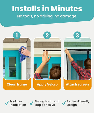 Magnetic Screen Door - Bugs Out, Breeze in EZInstall Auto-Sealing Heavy Duty Double Stitched Mesh