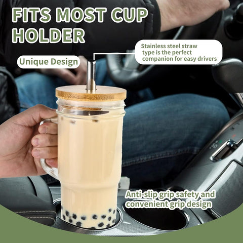 Set of 2 Glass Cups with Bamboo Lids and Straws 24oz Tumbler With Handle