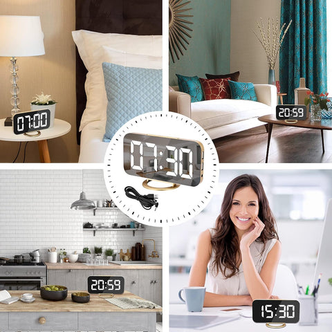 Digital Alarm Clock LED and Mirror Desk Clock Large Display, with Dual USB Charger Ports 12/24H Electronic Clock Gold