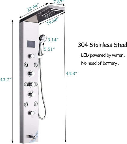 Contemporary Shower Panel Tower System Stainless Steel 6 Function Faucet LED Waterfall Shower Handheld Sprayer wtih Body Jets and Tub Spout