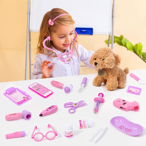 Pretend Play Toy Doctor Set with Dog , Carrying Bag, Stethoscope & Dress Up Costume Gift for Kids