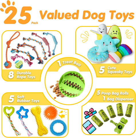25 Pack Luxury Dog Chew Toys for Puppy Treat Ball and Squeaky Puppy Toys for Teething Small Dogs