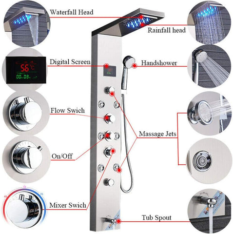 Contemporary Shower Panel Tower System Stainless Steel 6 Function Faucet LED Waterfall Shower Handheld Sprayer wtih Body Jets and Tub Spout