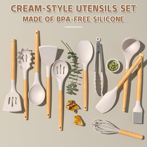 33 pcs Non-Stick Silicone Cooking Kitchen Utensils Spatula Set with Holder, Wooden Handle Silicone Kitchen Gadgets Utensil Set (Khaki)