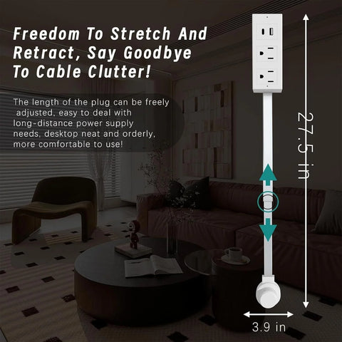 Outlet Extender Stick with USB-A, USB-C & 2 AC Ports – 27" Extension for Hard-to-Reach Spaces Behind Furniture