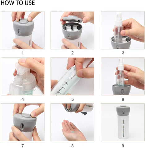 4-in-1 Smart Travel Bottles Set, Includes 4 Empty Reusable 40-ml Cosmetic Toiletry Containers for Shampoo, Soap, Lotions, Skincare, Makeup Products, Sanitizer