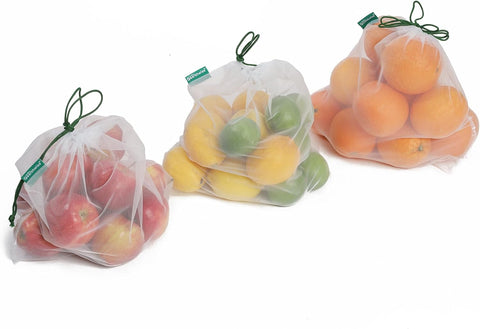 Reusable Mesh Produce Bags - Washable Set of 9 Premium Bags, TRANSPARENT Lightweight