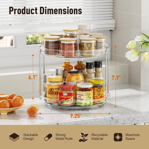 2 Tier Lazy Susan Organizer, 9.25'' Lazy Susan Turntable for Cabinet, Stackable Turntable Organizer Rotating Spice Rack Organization for Kitchen Countertop, Pantry, Bathroom