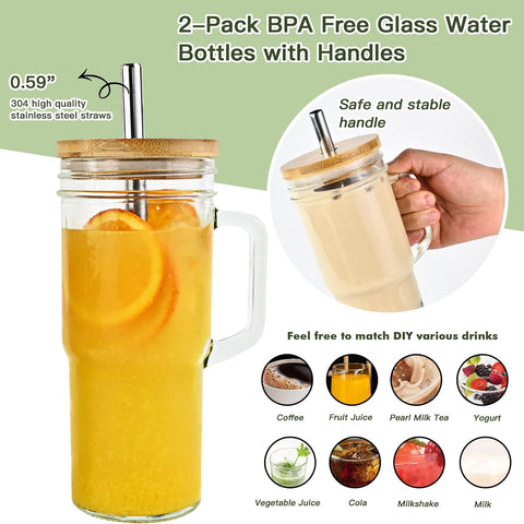 Set of 2 Glass Cups with Bamboo Lids and Straws 24oz Tumbler With Handle