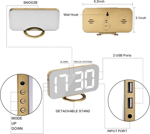 Digital Alarm Clock LED and Mirror Desk Clock Large Display, with Dual USB Charger Ports 12/24H Electronic Clock Gold