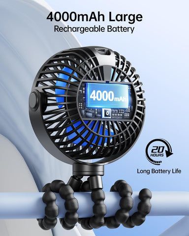 Portable Clip-On Stroller Fan – 4000mAh Rechargeable Battery, 4-Speed Personal Cooling Fan for Baby Car Seat, Crib & Travel – Black
