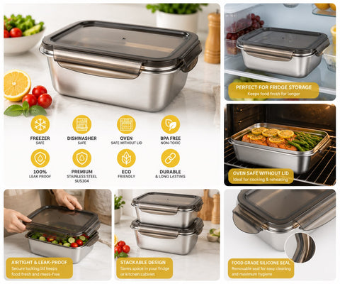 Premium Stainless Steel Food Storage Container with Leak-Proof Locking Lid, BPA-Free, Freezer Safe