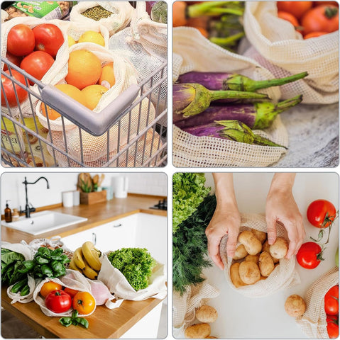 Reusable Cotton Mesh Produce Bags – 6 Pack (2S/2M/2L) Washable Grocery Bags, See-Through Drawstring Net Bags for Fruits, Vegetables & Bulk Shopping