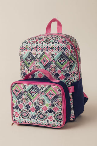 Tribal Bloom 16” Backpack & Lunchbag Set – Pink & Navy Aztec-Inspired School Combo