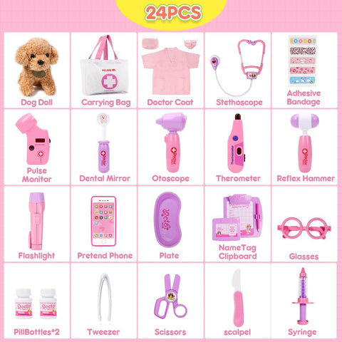 Pretend Play Toy Doctor Set with Dog , Carrying Bag, Stethoscope & Dress Up Costume Gift for Kids