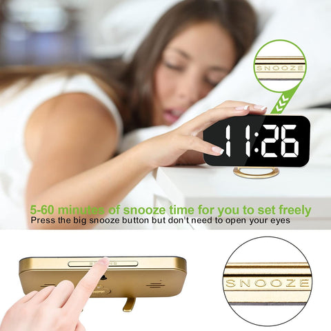 Digital Alarm Clock LED and Mirror Desk Clock Large Display, with Dual USB Charger Ports 12/24H Electronic Clock Gold