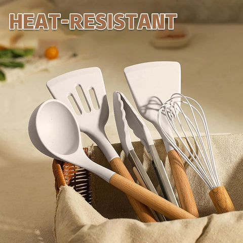 33 pcs Non-Stick Silicone Cooking Kitchen Utensils Spatula Set with Holder, Wooden Handle Silicone Kitchen Gadgets Utensil Set (Khaki)